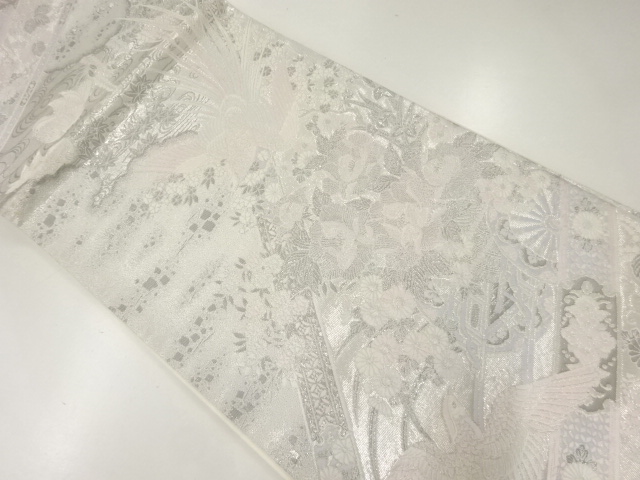 アンティーク　プラチナ箔花鳥模様織出し袋帯（材料）